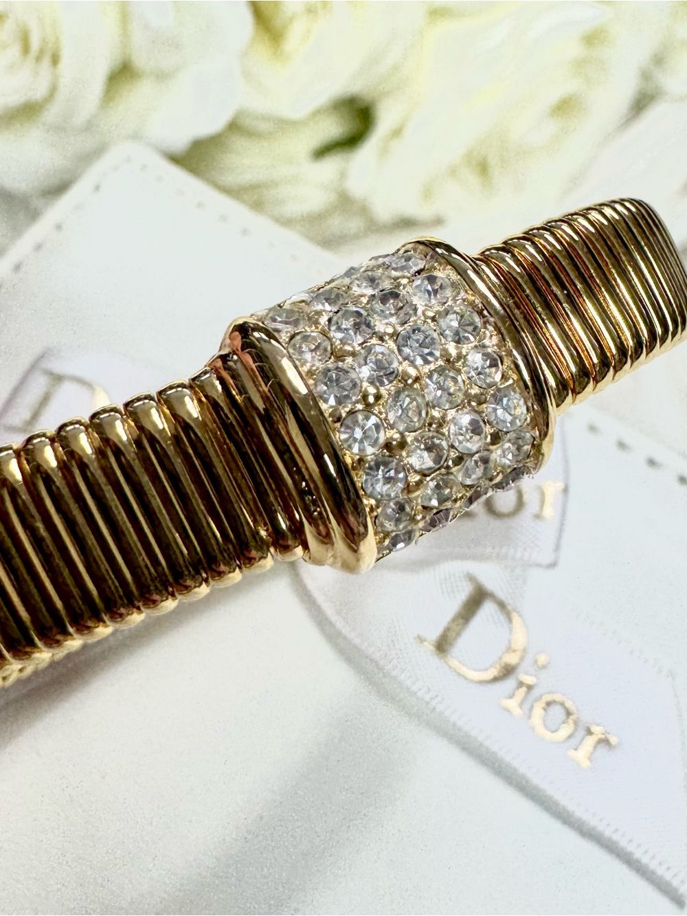 Vintage 90s Christian Dior Gold Tone Rhinestone Stretch Ribbed Bracelet - Picture 2 of 5